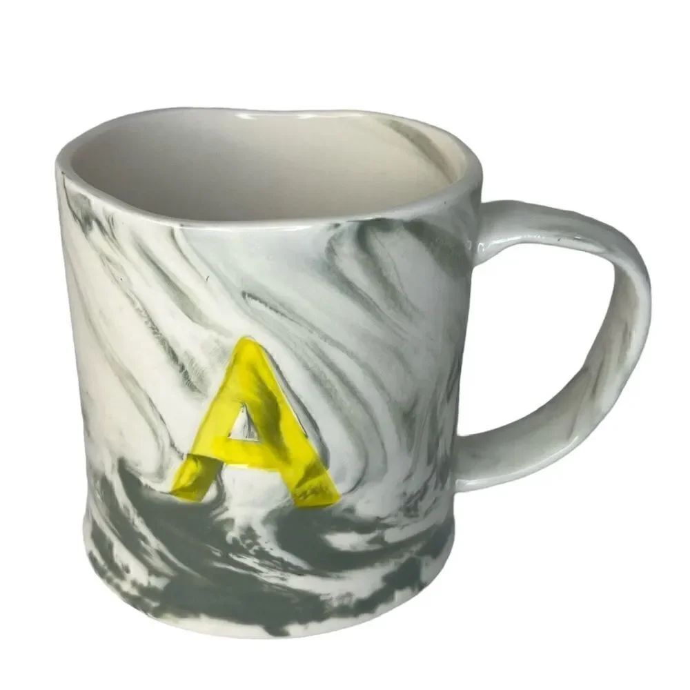 Anthropologie Marbled Monogram Initial A Mug White/Gray/Yellow